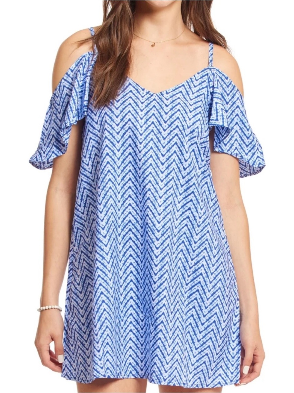 LAGACI Road to Paradise Blue & White Chevron Cold Shoulder Dress